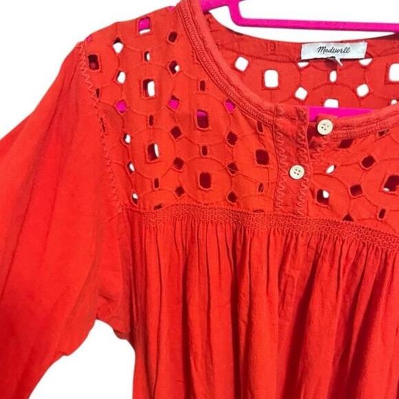 Madewell Eyelet Daybreak Dress Linen Blend Red Orange Size SMALL - Picture 6 of 12